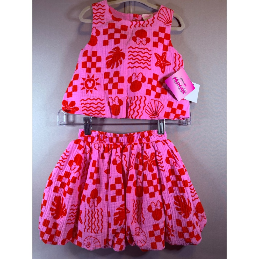Disney Minnie Mouse Happy Threads Pink Tropical Gauze Top and Skirt Set 3T NEW